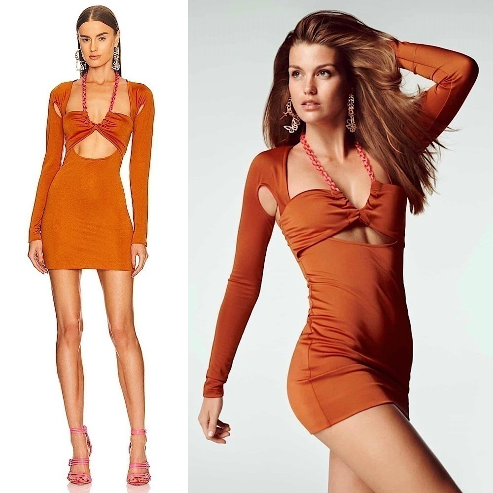 DUNDAS REVOLVE Chain Halter Sweetheart Neck Long Sleeve Cutout Bodycon Dress L